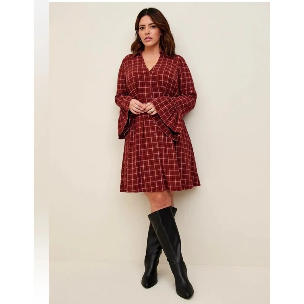 Torrid Red Plaid Button Front Shirt Dress Ruffle Bell Sleeve V-Neck‎ Gauze Sz 2X
